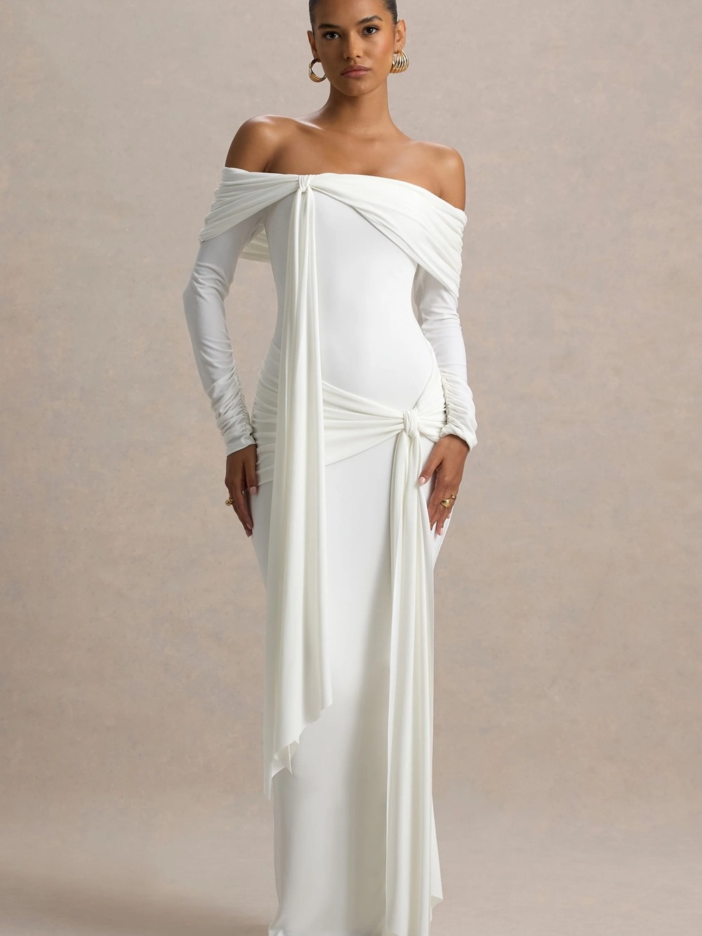 Club London Off-Shoulder White Draped Maxi Dress